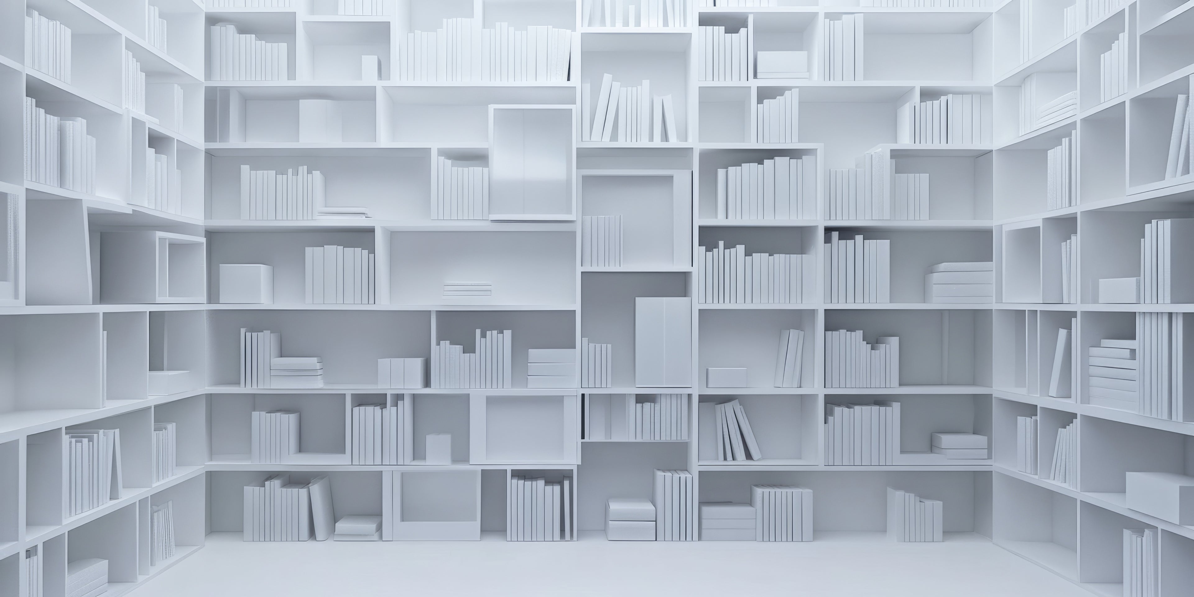 white bookcases full of white books